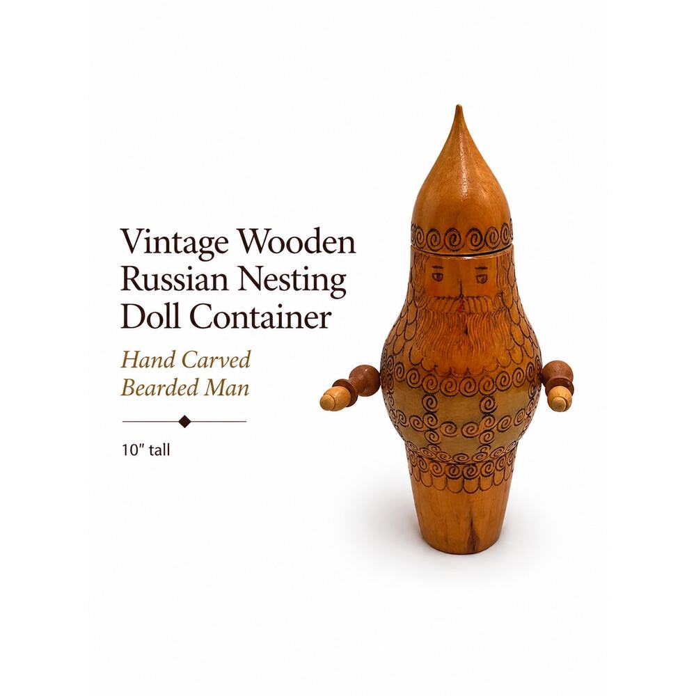 Vintage Wooden Russian Nesting Doll Container Hand Carved Bearded Man